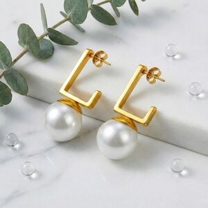 18K Gold Plated Steel Pearl Drop Earrings Geometric Rectangle C-Hoop Modern Stud